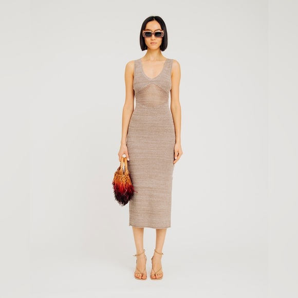 TORN by Ronny Kobo Melanie Ruched Midi Dress – Brown Sand | Size L | NWT - Picture 1 of 5